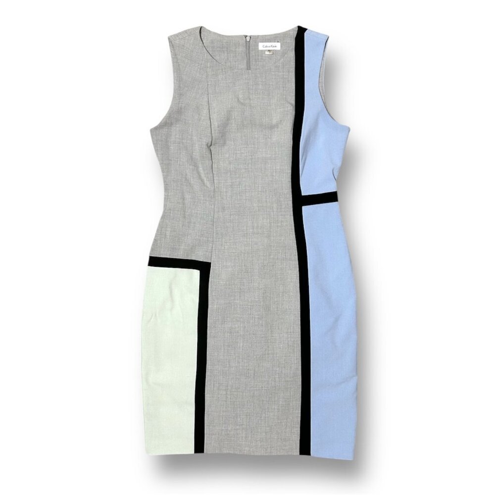 Calvin Klein 10 Gray Blue Colorblock Sheath Midi Dress Sleeveless Work Office - Picture 7 of 10